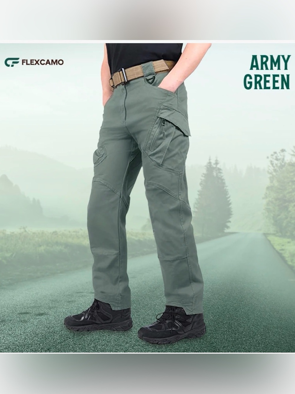 Flex Camo Tactical Cargo Pants for Men - Army Green 34x32